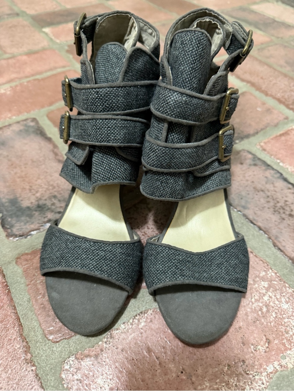 Joyfolie Denim Strappy Open-Toe Heels